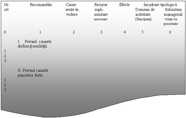 Flowchart: Document: Nr. Recomandari Cauze Resurse Efecte Incadrare tipologica
crt avute in supli- Domenii de Subsistem
 vedere mentare activitate managerial
 necesare (functiuni) vizat cu
 prioritate

0 1 2 3 4 5 6

I. Privind cauzele
disfunctionalitatii
1.
2.
3.

 II. Privind cauzele
 punctelor forte
1.
2.
3.

